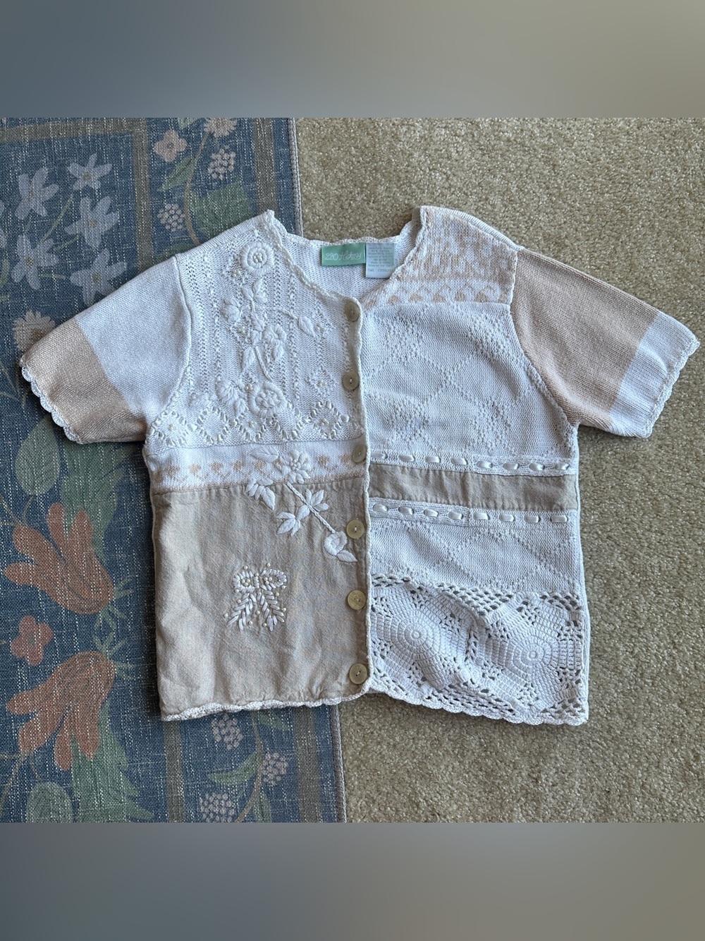 Beige & White Floral Patchwork Knit Button-Up Cardigan